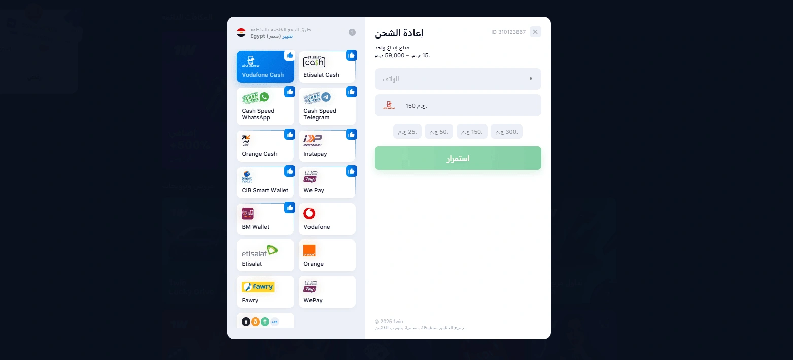 Payment methods at 1win casino Egypt